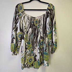Women's Sheer Green Brown Hippy Floral Print Peasant Top M 3/4 Sleeve Boho Style